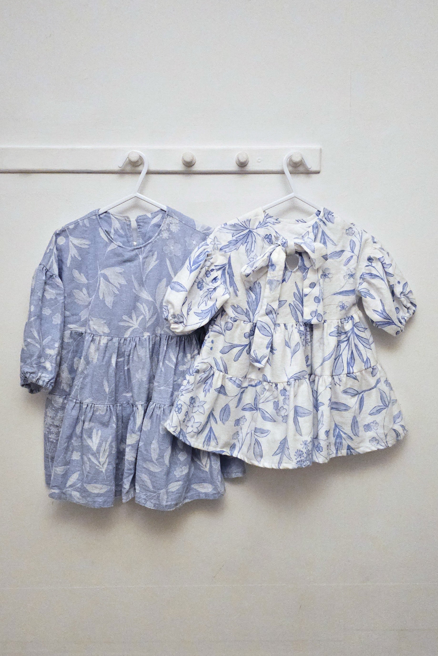 Sibling dresses set - Tiered blue/white floral