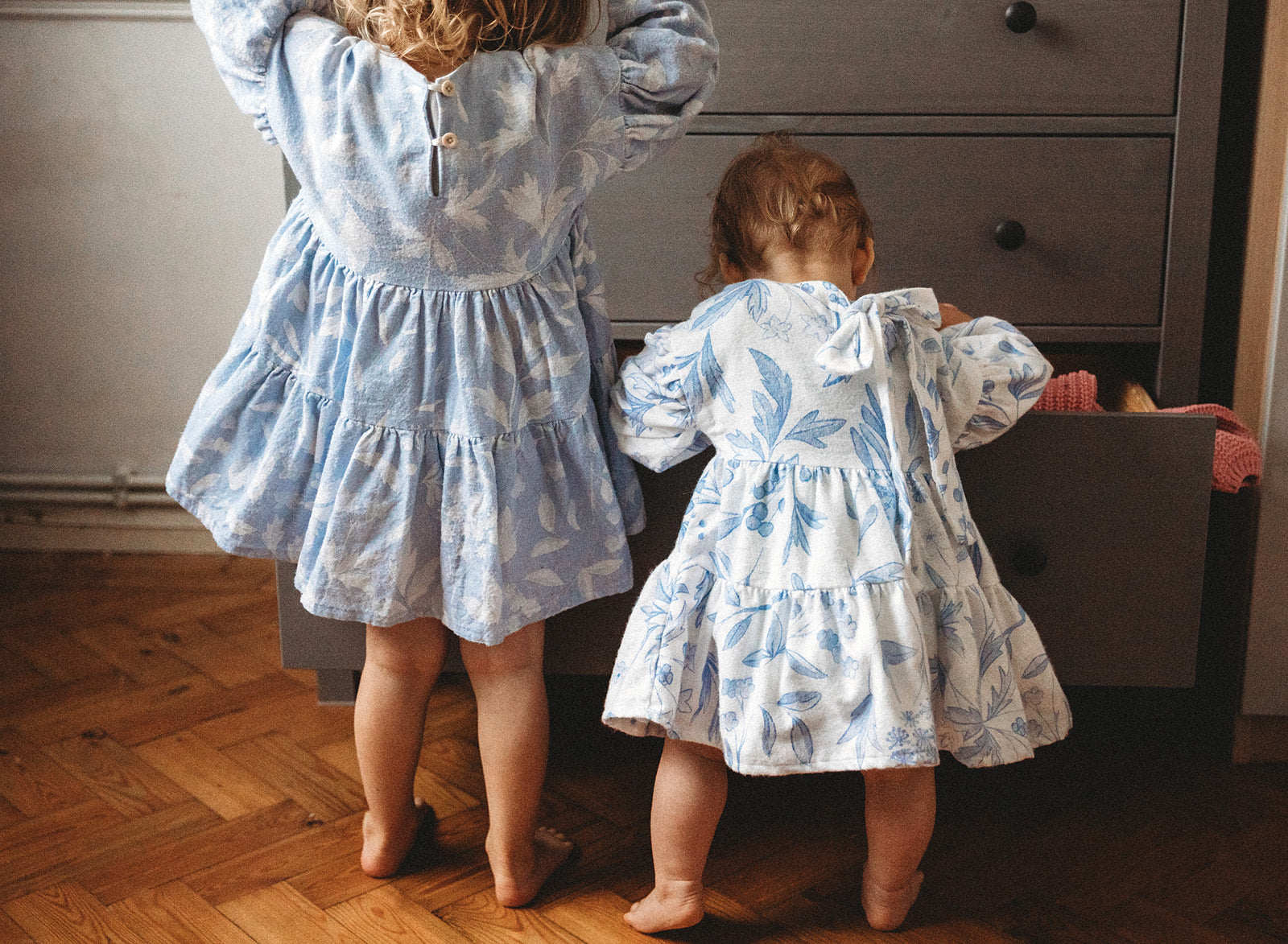 Sibling dresses set - Tiered blue/white floral